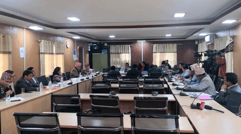Law, Justice, and Human Rights Committee meeting on parliamentary staff pension proposal in Kathmandu.