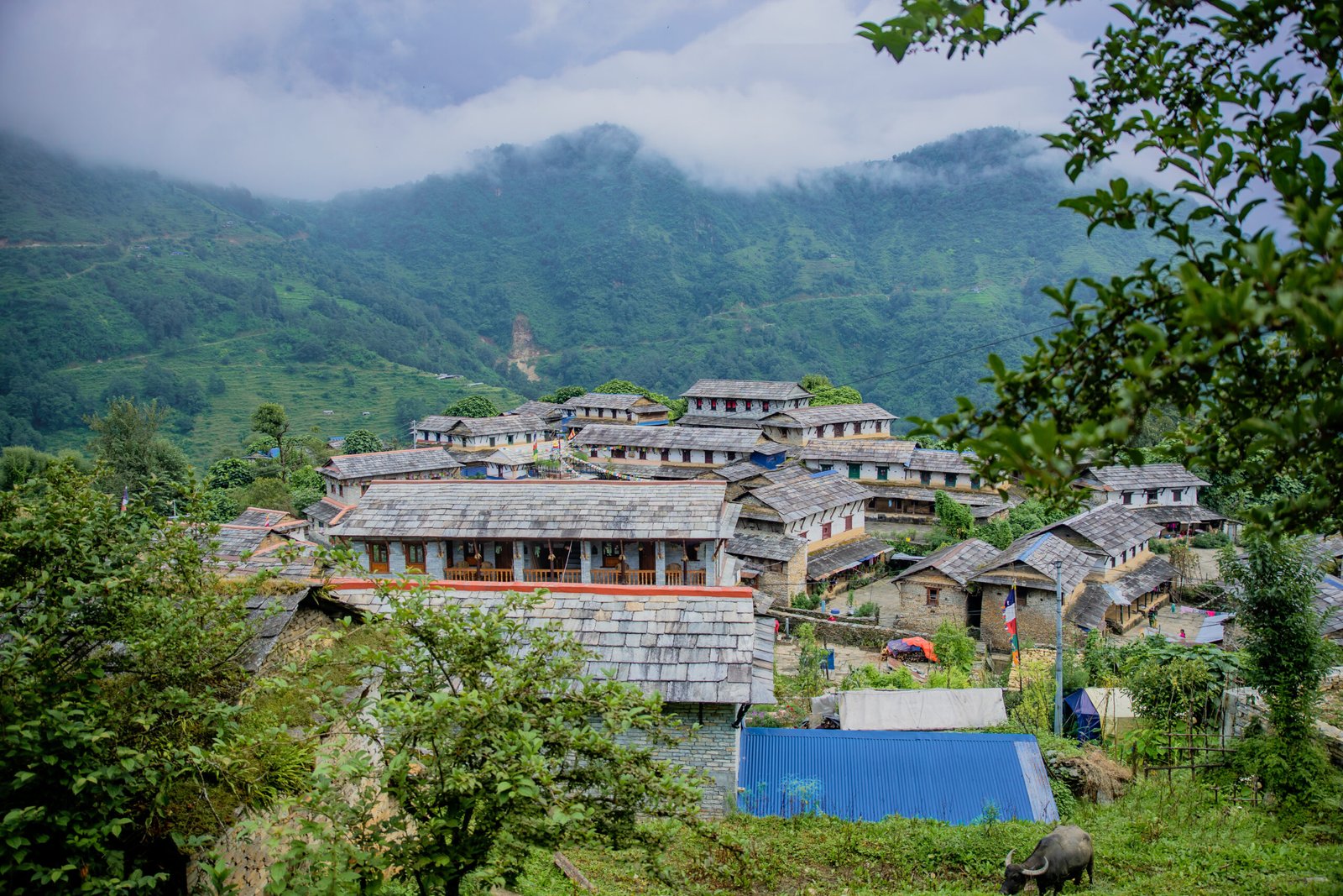 Stone-built village of Ghandruk with mountain backdrop and cloudy skies in the Annapurna region of Nepal.