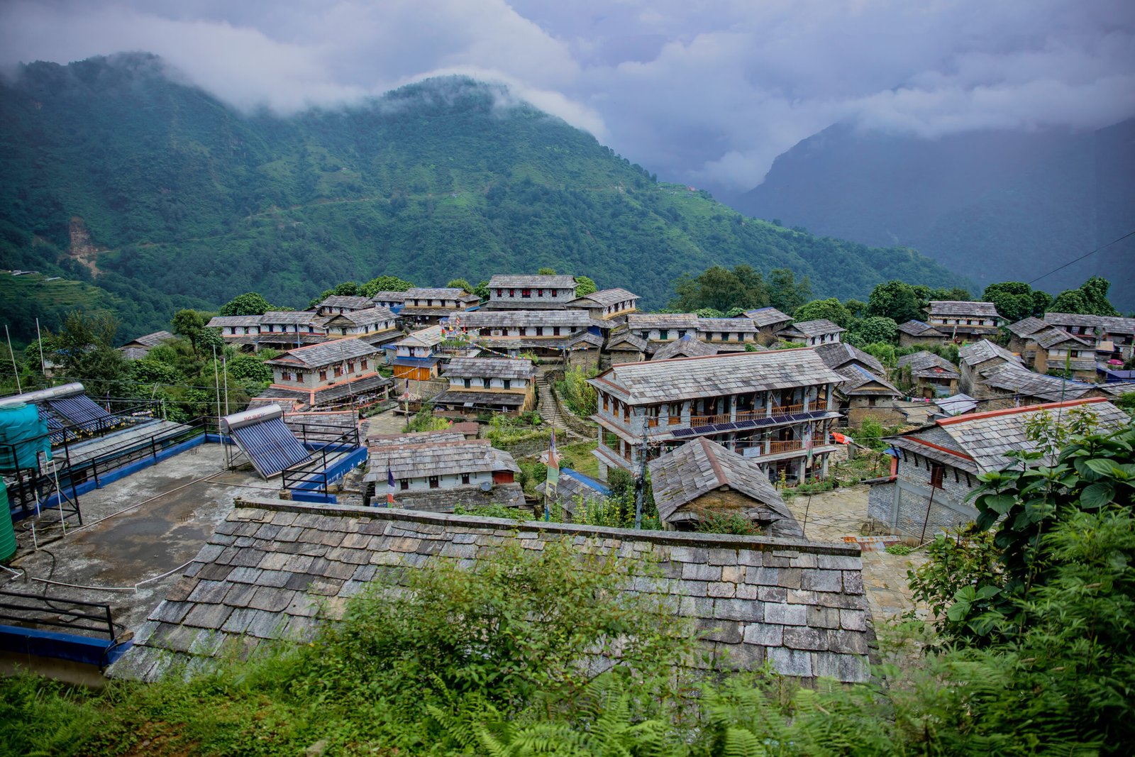 Traditional stone houses with slate roofs in Ghandruk village, surrounded by green hills and misty mountains in Nepal.
